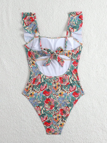 Swim Lushoire Women's Summer Beige Floral Print One-Piece Swimsuit,Boho Ruffle Hem Front Twist Bandeau Bathing Suit For Beach Holiday,Vintage Vacation Outfits