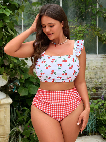 Swim Mod 2026 New 2pcs/Set Plus Size Women Cherry Random Print Decor Ruffle Hem Top & Plaid High Waist Shorts, Cute Sweet Vacation Casual Everyday Wear
