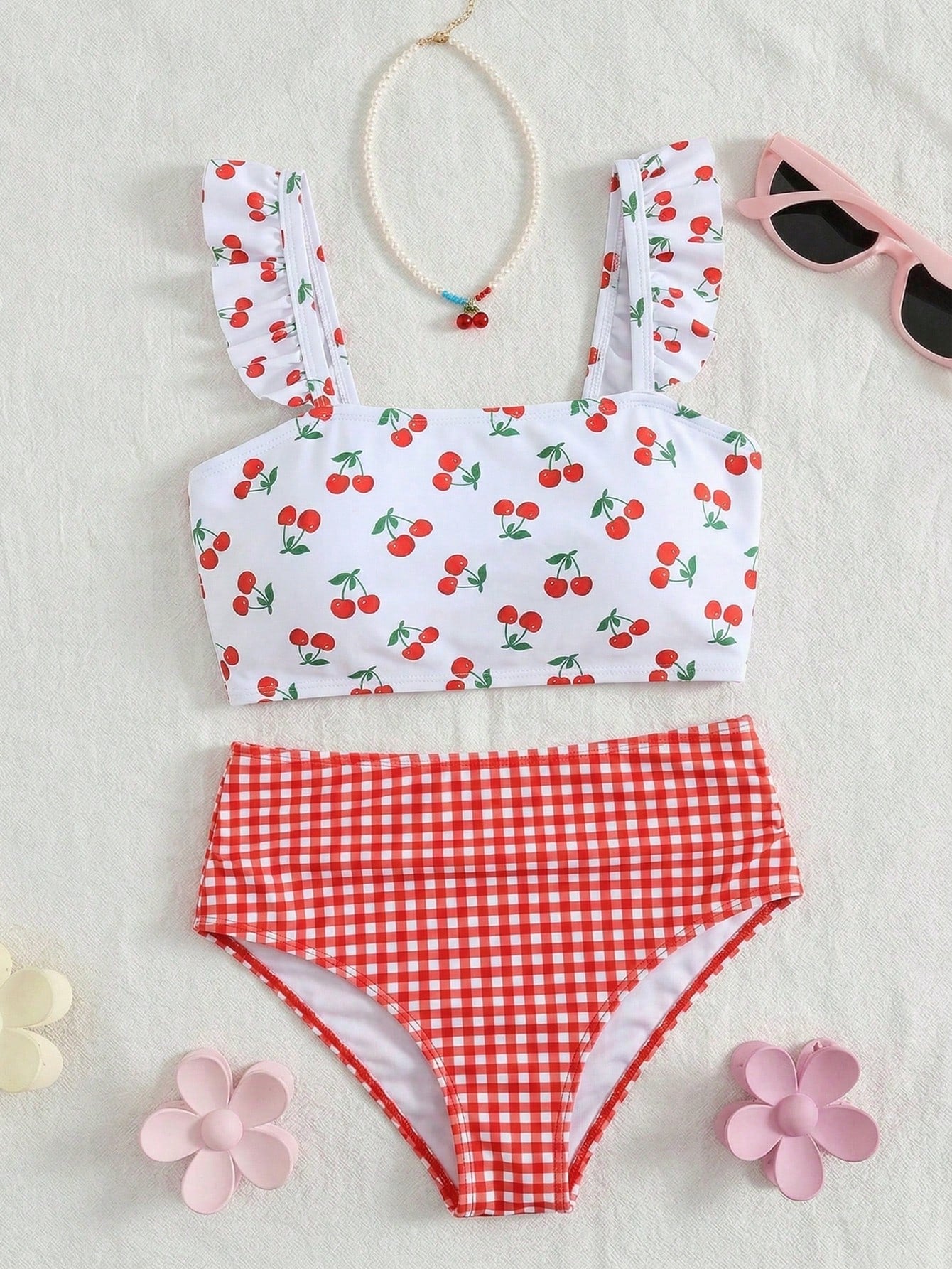 Swim Mod 2026 New 2pcs/Set Plus Size Women Cherry Random Print Decor Ruffle Hem Top & Plaid High Waist Shorts, Cute Sweet Vacation Casual Everyday Wear