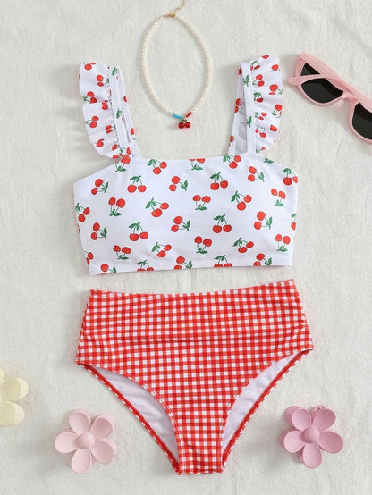 Swim Mod 2026 New 2pcs/Set Plus Size Women Cherry Random Print Decor Ruffle Hem Top & Plaid High Waist Shorts, Cute Sweet Vacation Casual Everyday Wear