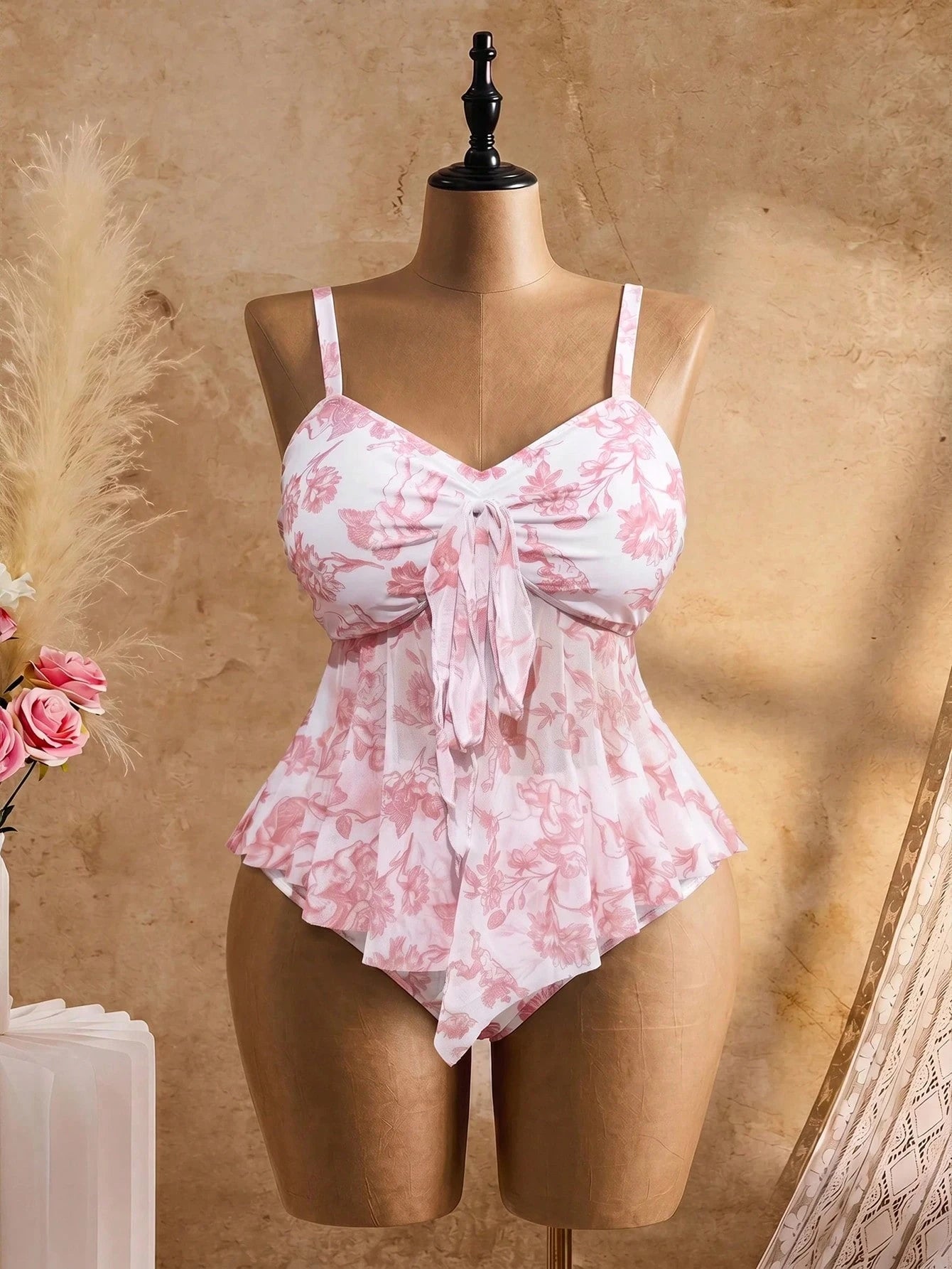 Swim Mod 2026 New Summer Vacation Sweet Floral Plus Size Tank Bikini Beach Vacation White
