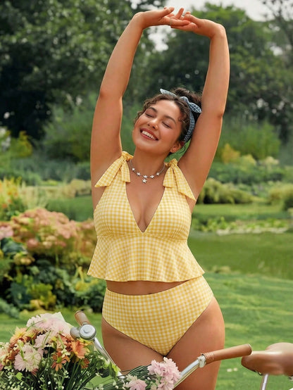 Swim Mod 2026 Spring/Summer Hot New Fresh Digital Print Sexy Bikini Two Pieces Swimsuit With Removable Chest Pads, Hollow Back Design, Cute Bow Tie, Wide Shoulder Straps, Under-Bust Coverage, Slimming