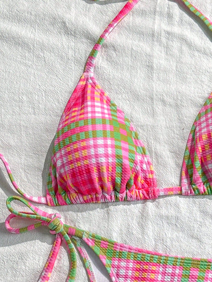 Swim Mod 2pcs/Set Women's Random Plaid Print Spaghetti Strap Sexy Bikini Set, Summer