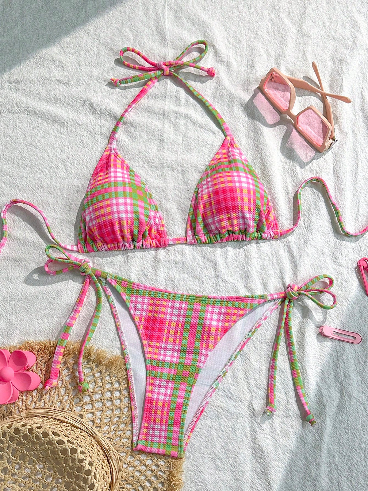 Swim Mod 2pcs/Set Women's Random Plaid Print Spaghetti Strap Sexy Bikini Set, Summer