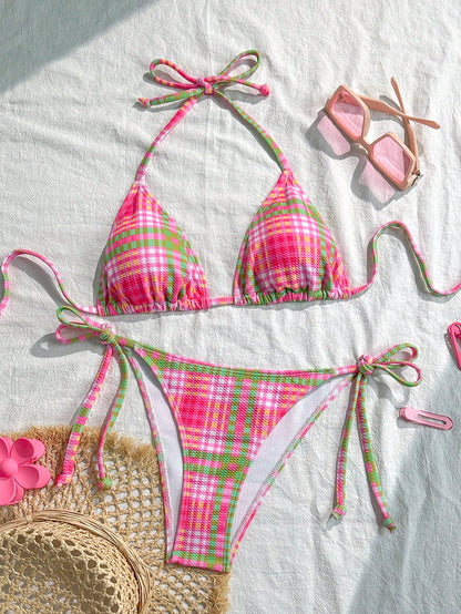 Swim Mod 2pcs/Set Women's Random Plaid Print Spaghetti Strap Sexy Bikini Set, Summer