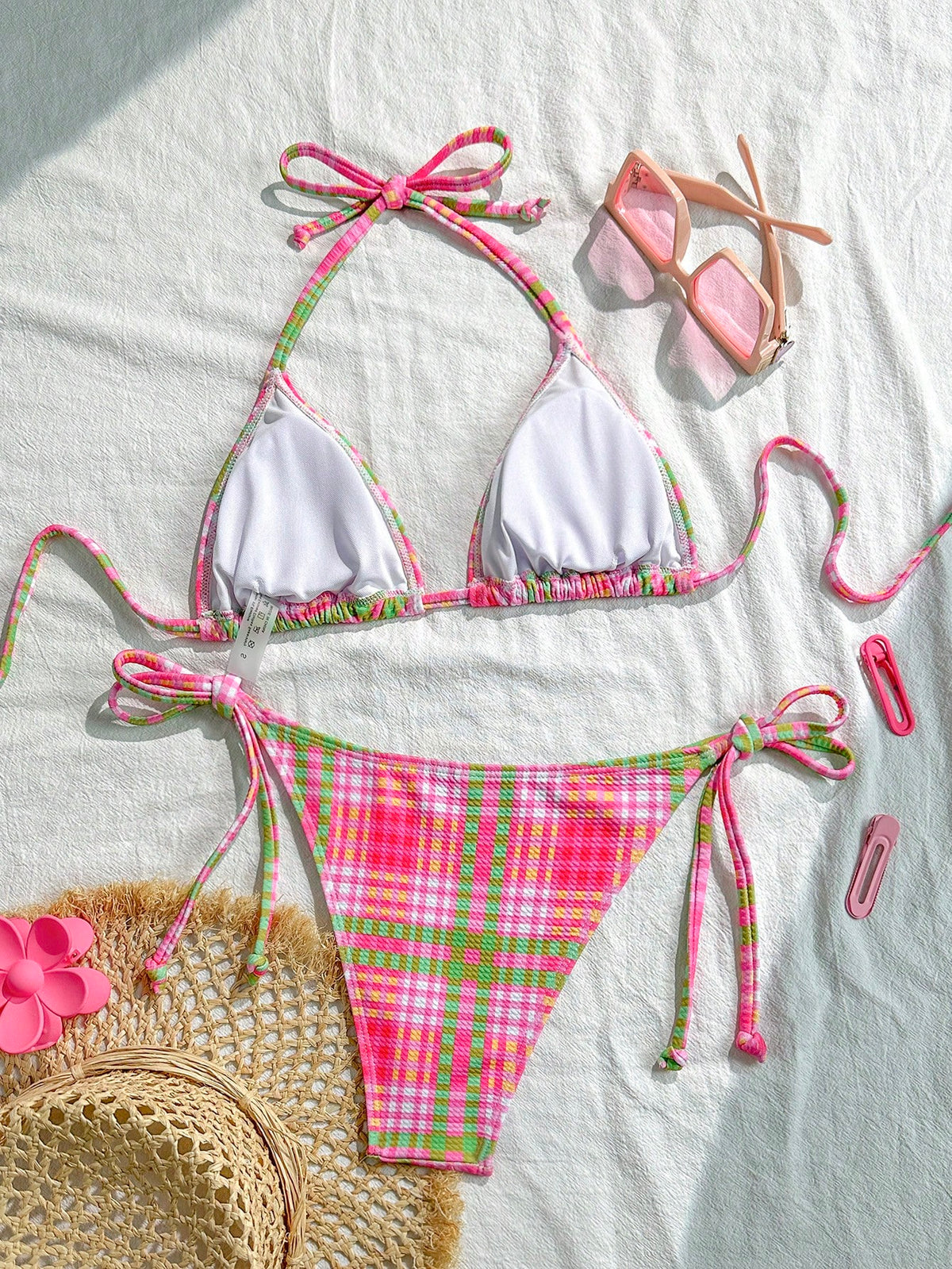 Swim Mod 2pcs/Set Women's Random Plaid Print Spaghetti Strap Sexy Bikini Set, Summer