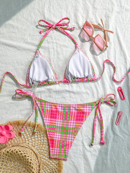 Swim Mod 2pcs/Set Women's Random Plaid Print Spaghetti Strap Sexy Bikini Set, Summer