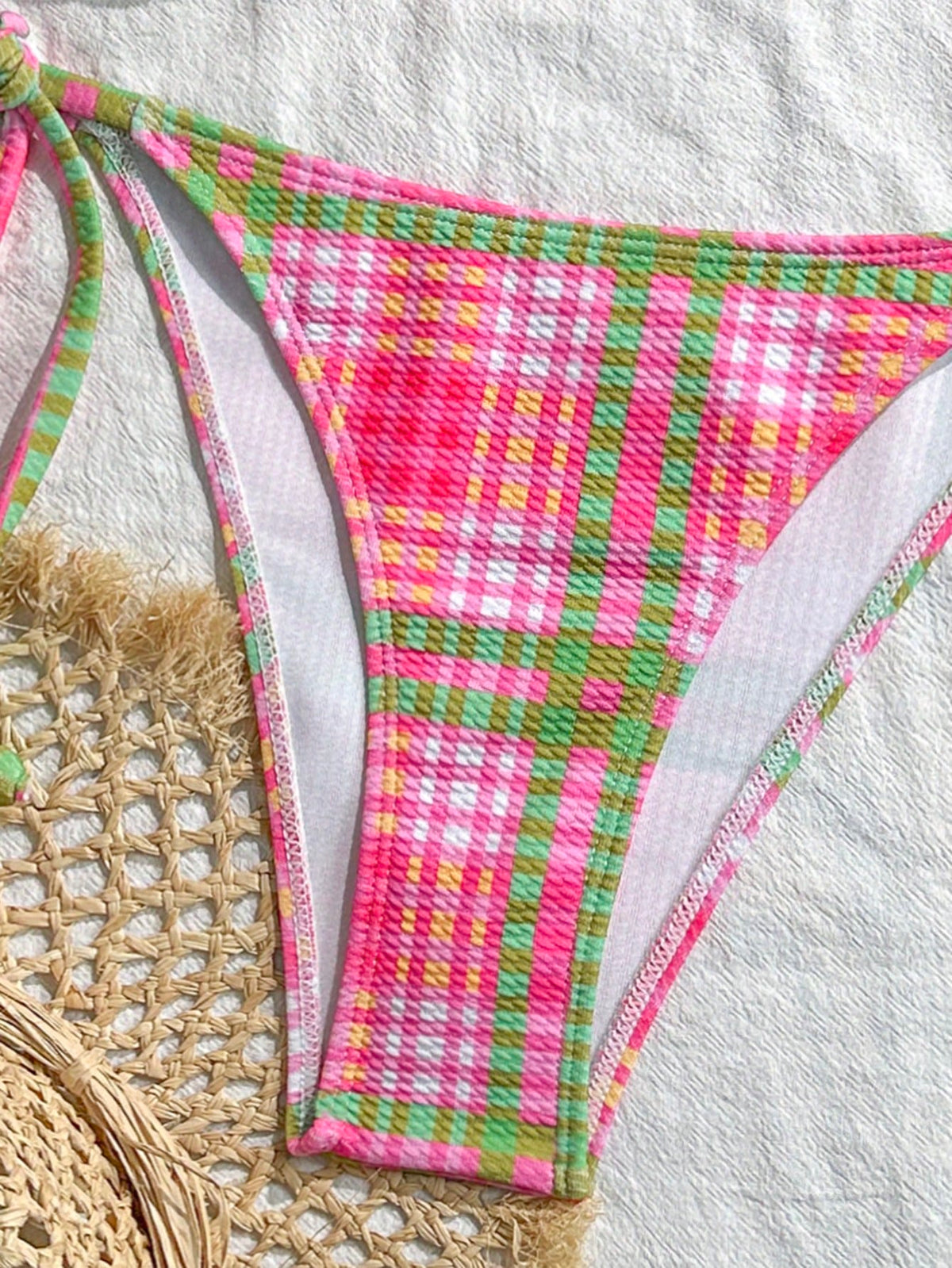 Swim Mod 2pcs/Set Women's Random Plaid Print Spaghetti Strap Sexy Bikini Set, Summer