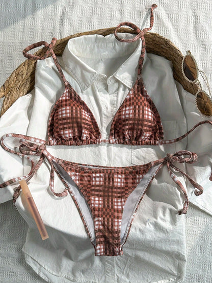 Swim Mod 2pcs/Set Women's Random Plaid Print Spaghetti Strap Sexy Bikini Set, Summer