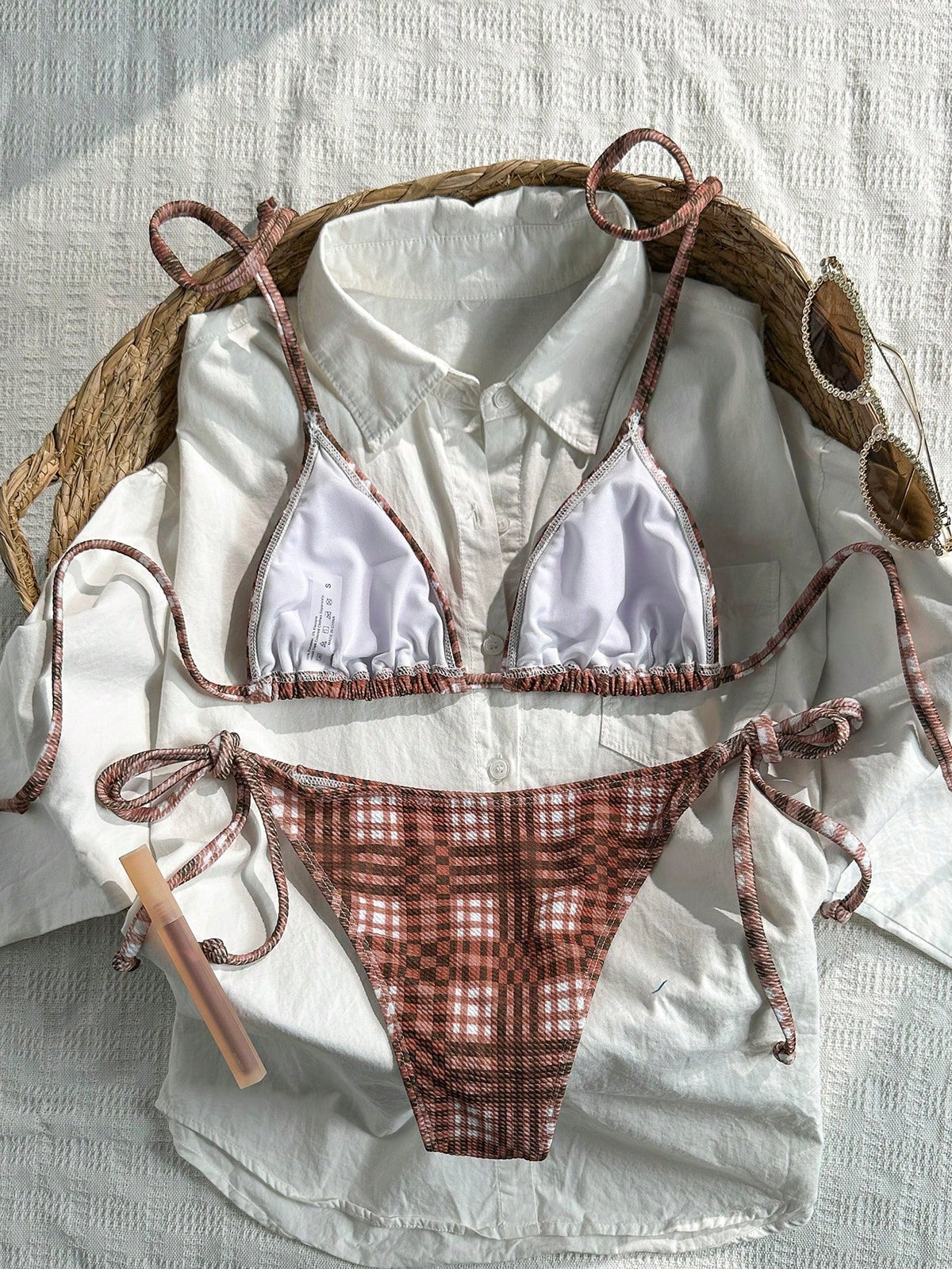 Swim Mod 2pcs/Set Women's Random Plaid Print Spaghetti Strap Sexy Bikini Set, Summer