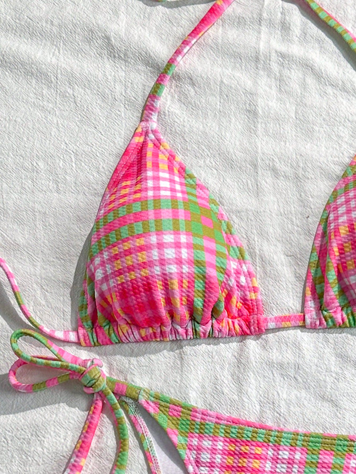 Swim Mod 2pcs/Set Women's Random Plaid Print Spaghetti Strap Sexy Bikini Set, Summer