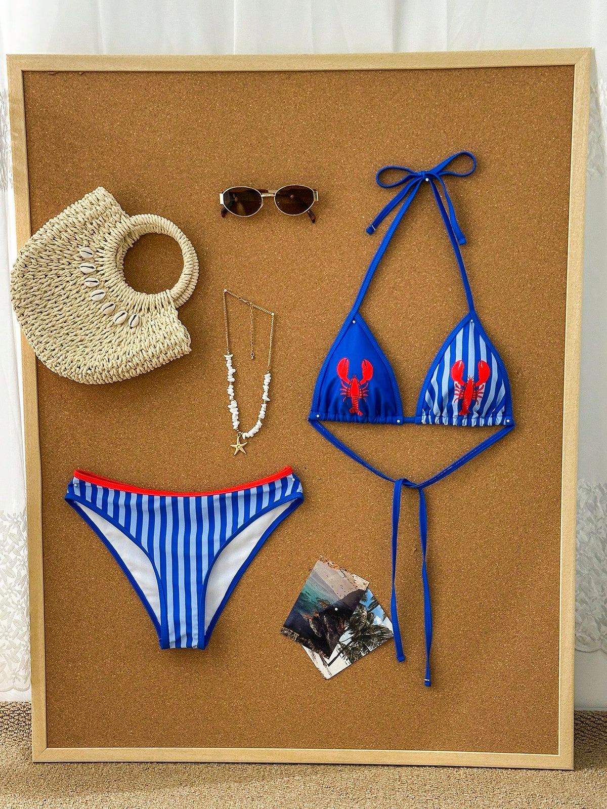Swim Mod 2pcs Women's Crayfish Print Colorblock Striped Fashionable & Sweet Beach Vacation Swimwear Set, Summer