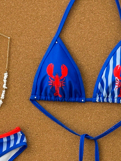 Swim Mod 2pcs Women's Crayfish Print Colorblock Striped Fashionable & Sweet Beach Vacation Swimwear Set, Summer