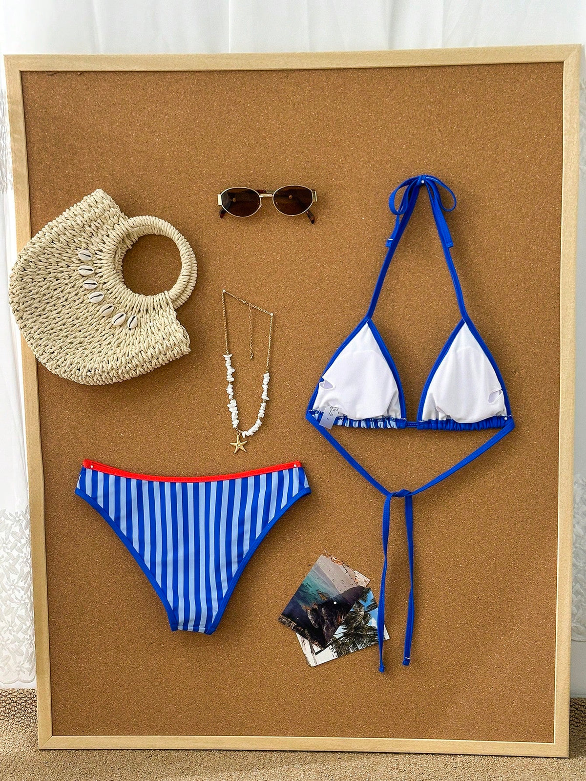 Swim Mod 2pcs Women's Crayfish Print Colorblock Striped Fashionable & Sweet Beach Vacation Swimwear Set, Summer