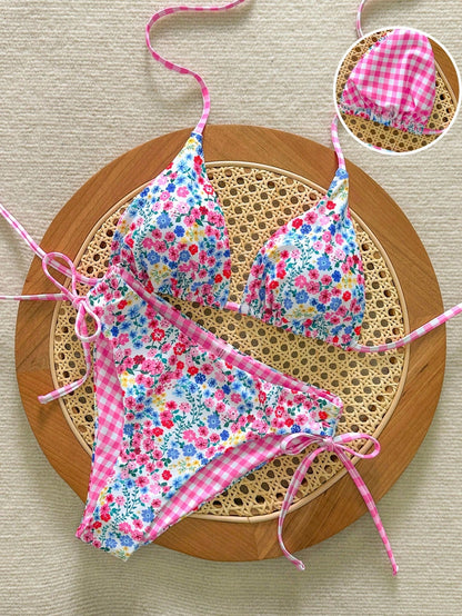 Swim Mod 2pcs Women's Cute White Floral Halter Neck Top And Side Tie Triangle Bottoms,Summer Boho Bikini Set Floral Bathing Suit For Holiday,Pool Party