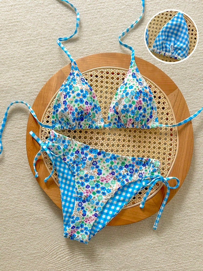 Swim Mod 2pcs Women's Cute White Floral Halter Neck Top And Side Tie Triangle Bottoms,Summer Boho Bikini Set Floral Bathing Suit For Holiday,Pool Party