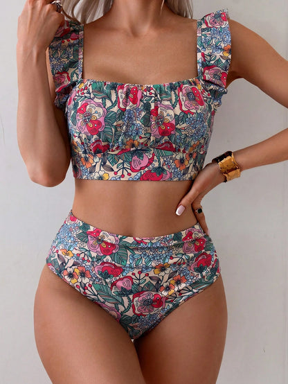 Swim Mod 2pcs Women's Summer Beach Elegant Boho Vacation Solid Color Ruffle Strap Pleated Front Top And High Waist Ruched Triangle Bottoms Set Beige