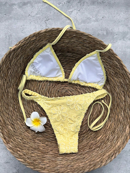 Swim Mod 2pcs Women's Yellow Summer Casual Beach Holiday Vacation Holiday Bikini Set,Textured Halter Backless Triangle Top & Ruched Shorts Outfit,Resort