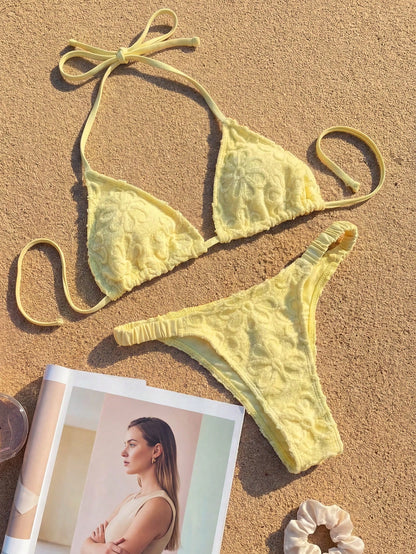 Swim Mod 2pcs Women's Yellow Summer Casual Beach Holiday Vacation Holiday Bikini Set,Textured Halter Backless Triangle Top & Ruched Shorts Outfit,Resort