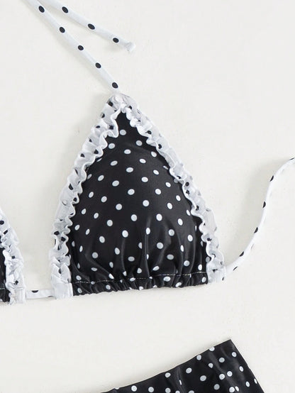 Swim Mod 2pcs Women Summer Beach Resort Swimwear, Random Black&White Polka Dot Halter Backless Tie Bikini Set & Ruffled Swim Bottoms