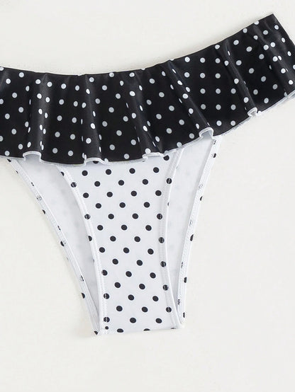 Swim Mod 2pcs Women Summer Beach Resort Swimwear, Random Black&White Polka Dot Halter Backless Tie Bikini Set & Ruffled Swim Bottoms