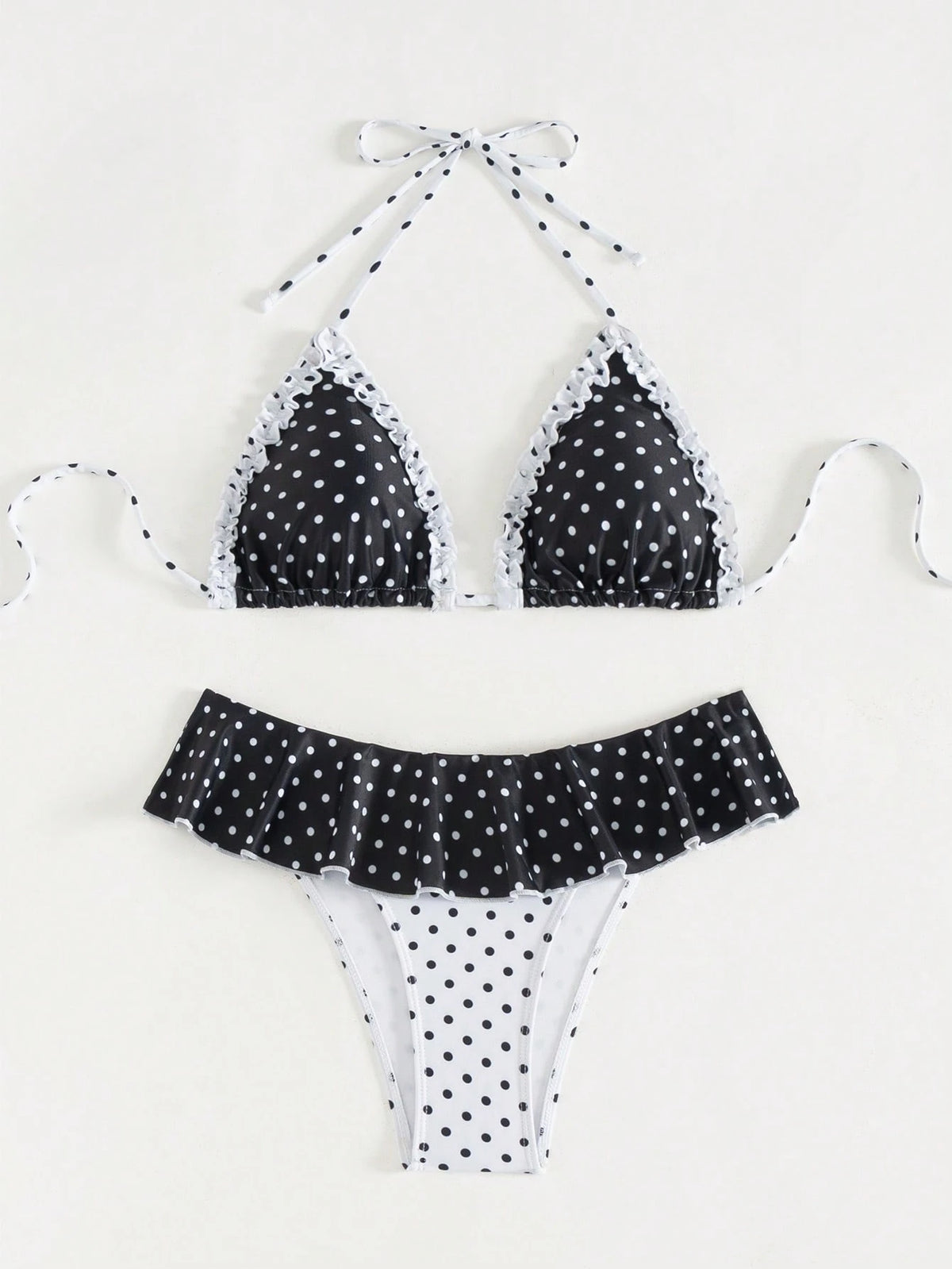 Swim Mod 2pcs Women Summer Beach Resort Swimwear, Random Black&White Polka Dot Halter Backless Tie Bikini Set & Ruffled Swim Bottoms