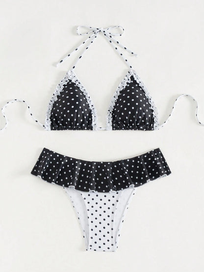 Swim Mod 2pcs Women Summer Beach Resort Swimwear, Random Black&White Polka Dot Halter Backless Tie Bikini Set & Ruffled Swim Bottoms