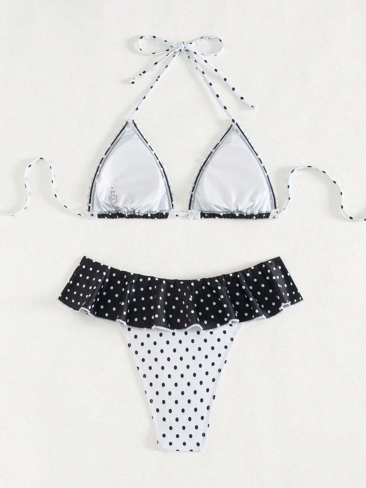 Swim Mod 2pcs Women Summer Beach Resort Swimwear, Random Black&White Polka Dot Halter Backless Tie Bikini Set & Ruffled Swim Bottoms