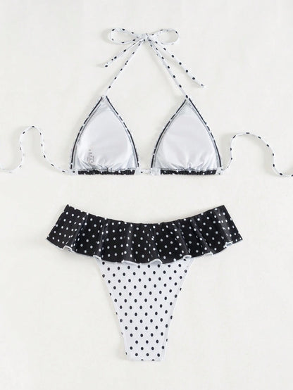 Swim Mod 2pcs Women Summer Beach Resort Swimwear, Random Black&White Polka Dot Halter Backless Tie Bikini Set & Ruffled Swim Bottoms