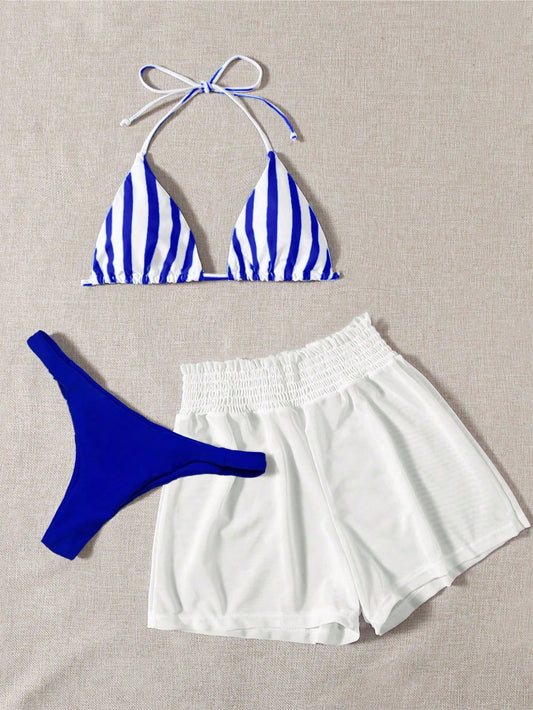 Swim Mod 3pcs Set Fresh Blue & White Striped Top, Blue Bottom And White Cover Up Shorts, Casual Beach Wear For Spring/Summer Vacation, Party, Beach