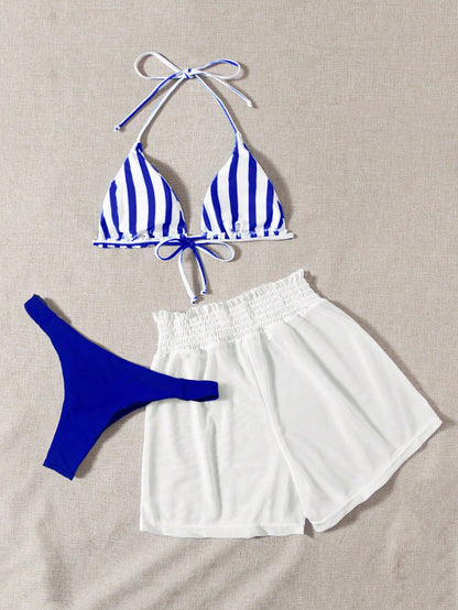 Swim Mod 3pcs Set Fresh Blue & White Striped Top, Blue Bottom And White Cover Up Shorts, Casual Beach Wear For Spring/Summer Vacation, Party, Beach