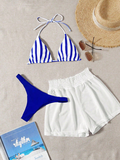 Swim Mod 3pcs Set Fresh Blue & White Striped Top, Blue Bottom And White Cover Up Shorts, Casual Beach Wear For Spring/Summer Vacation, Party, Beach