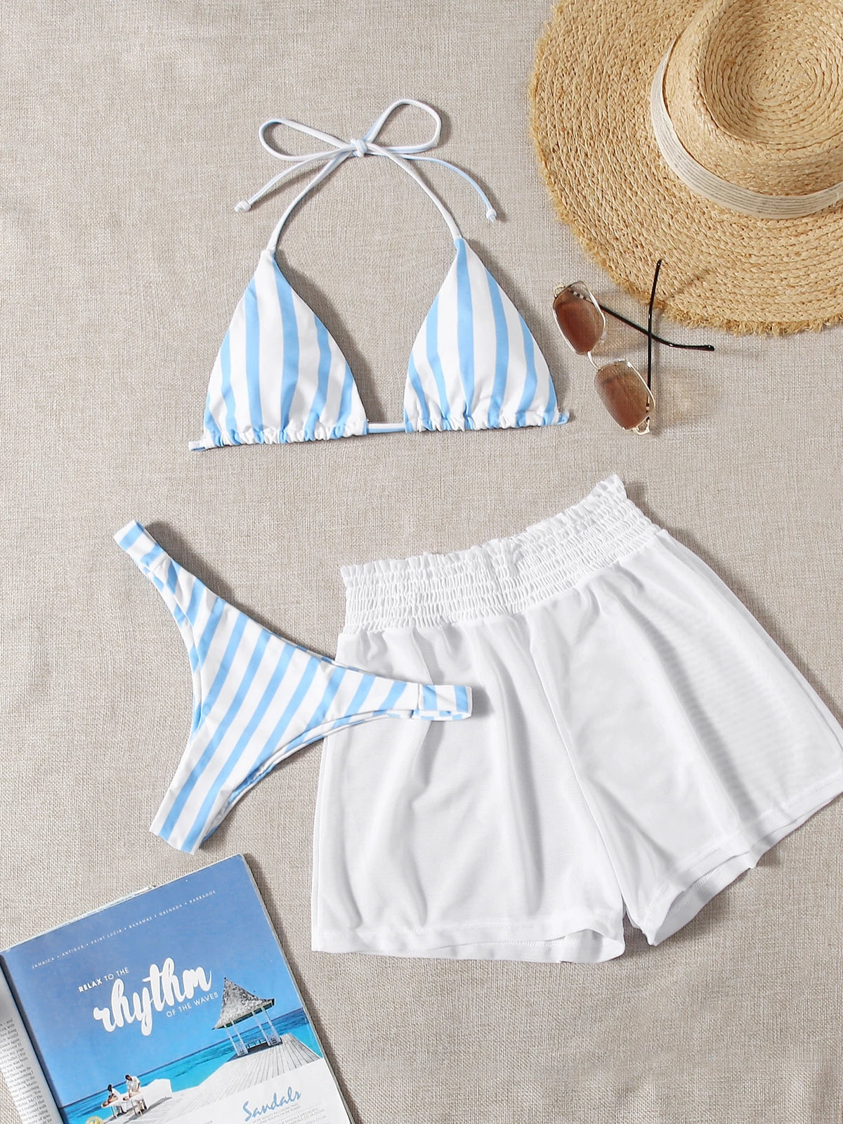Swim Mod 3pcs Set Fresh Blue & White Striped Top, Blue Bottom And White Cover Up Shorts, Casual Beach Wear For Spring/Summer Vacation, Party, Beach