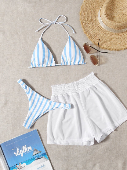 Swim Mod 3pcs Set Fresh Blue & White Striped Top, Blue Bottom And White Cover Up Shorts, Casual Beach Wear For Spring/Summer Vacation, Party, Beach