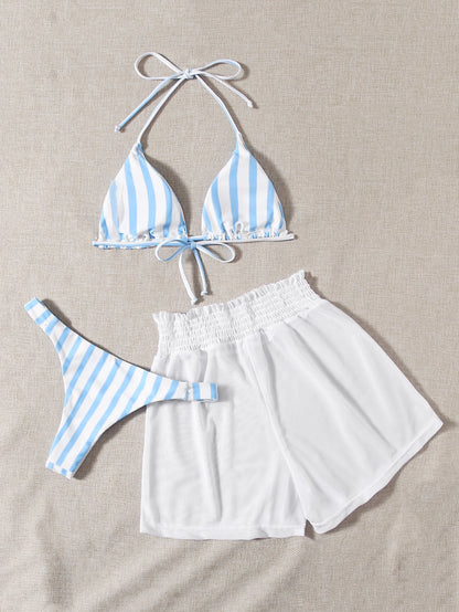 Swim Mod 3pcs Set Fresh Blue & White Striped Top, Blue Bottom And White Cover Up Shorts, Casual Beach Wear For Spring/Summer Vacation, Party, Beach