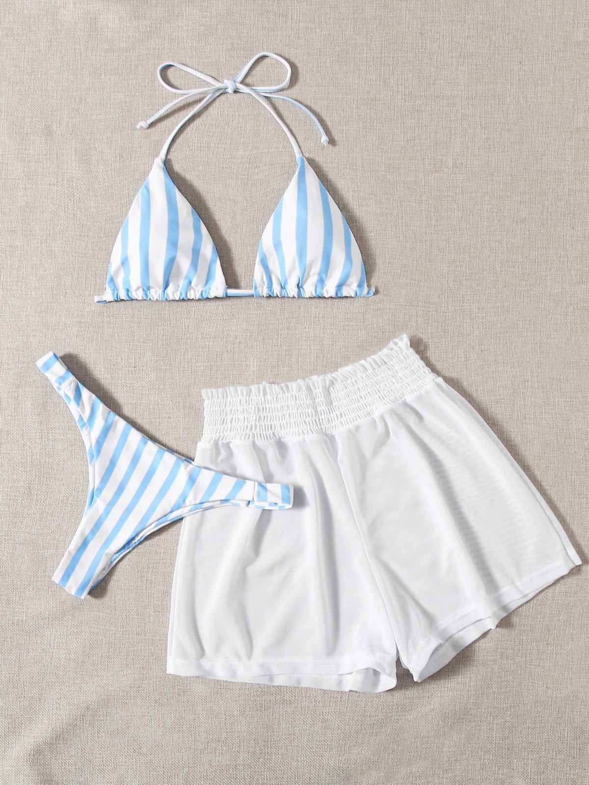 Swim Mod 3pcs Set Fresh Blue & White Striped Top, Blue Bottom And White Cover Up Shorts, Casual Beach Wear For Spring/Summer Vacation, Party, Beach