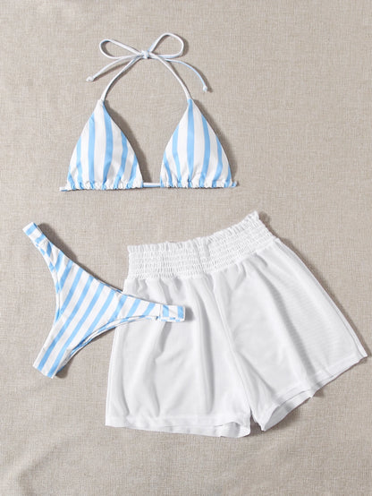 Swim Mod 3pcs Set Fresh Blue & White Striped Top, Blue Bottom And White Cover Up Shorts, Casual Beach Wear For Spring/Summer Vacation, Party, Beach