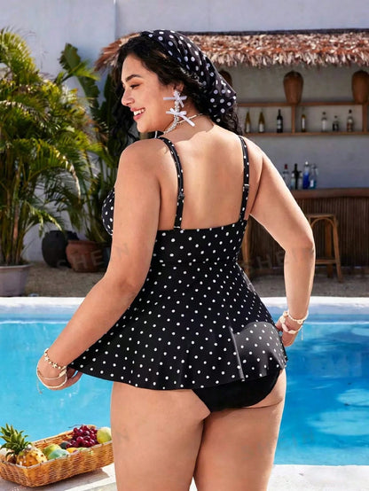 Swim Mod Black & White Polka Dot Ruffle Skirt, Cute Plus Size Tankini Swimwear
