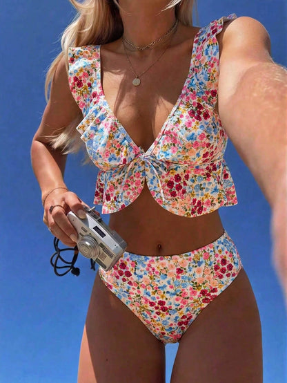 Swim Mod Ditsy Floral Cute Sweet Elegant Vintage Casual Vacation Beach Seaside Women's Camisole Bikini