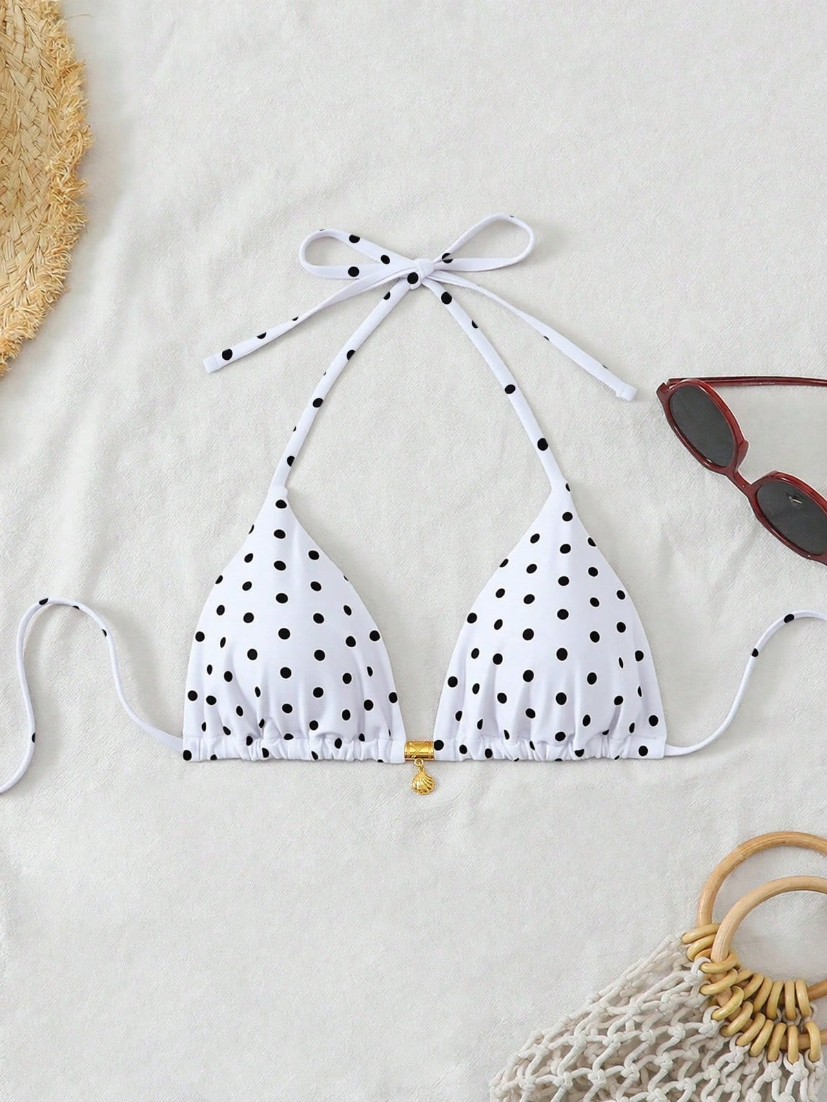Swim Mod Gold Shell Halter Bikini Top,White With Black Polka Dots,Summer,Tropical,Holiday,Pool Party,Vacation,Holiday Beach Sunbathing Travel Swimwear