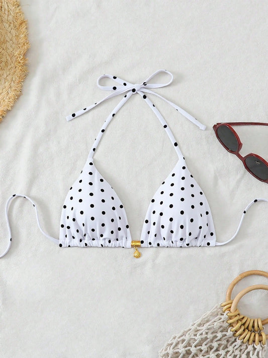 Swim Mod Gold Shell Halter Bikini Top,White With Black Polka Dots,Summer,Tropical,Holiday,Pool Party,Vacation,Holiday Beach Sunbathing Travel Swimwear