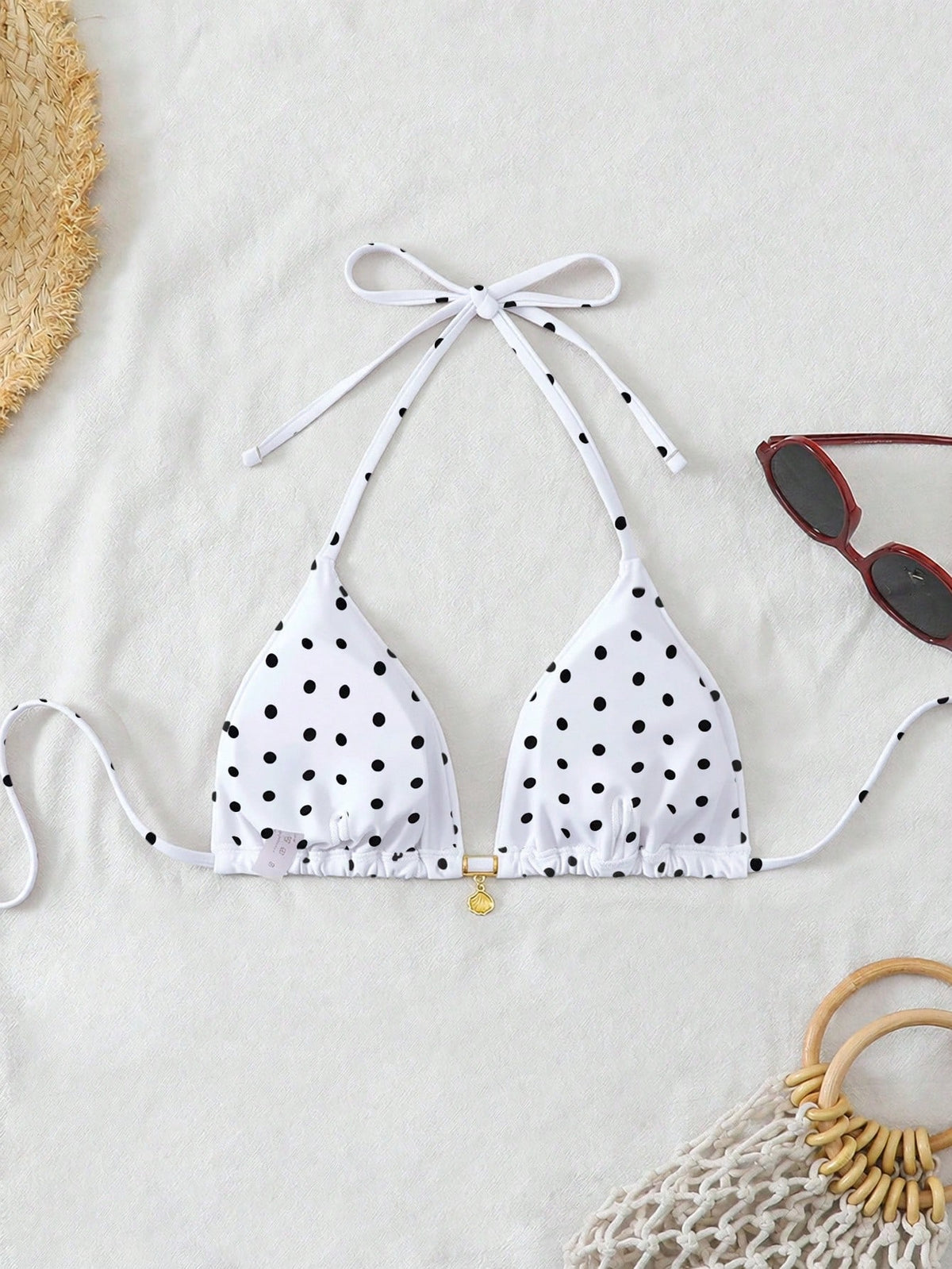 Swim Mod Gold Shell Halter Bikini Top,White With Black Polka Dots,Summer,Tropical,Holiday,Pool Party,Vacation,Holiday Beach Sunbathing Travel Swimwear