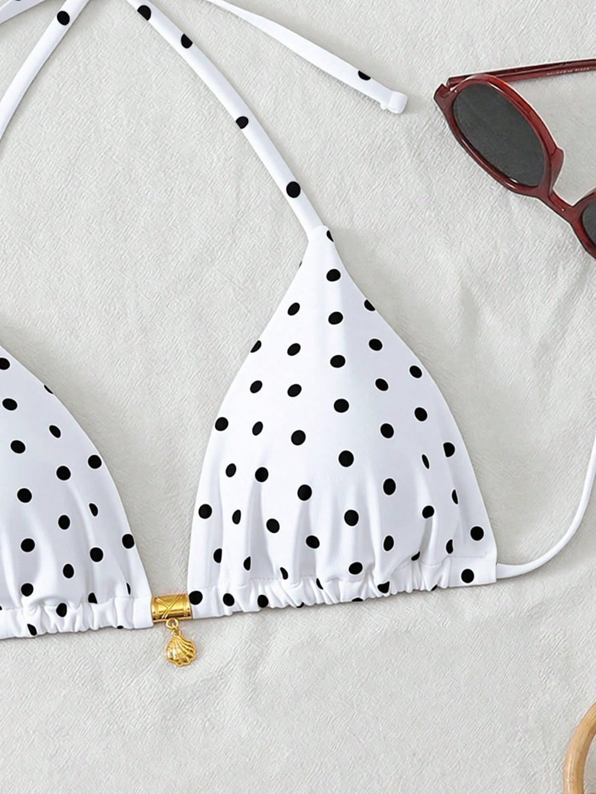 Swim Mod Gold Shell Halter Bikini Top,White With Black Polka Dots,Summer,Tropical,Holiday,Pool Party,Vacation,Holiday Beach Sunbathing Travel Swimwear