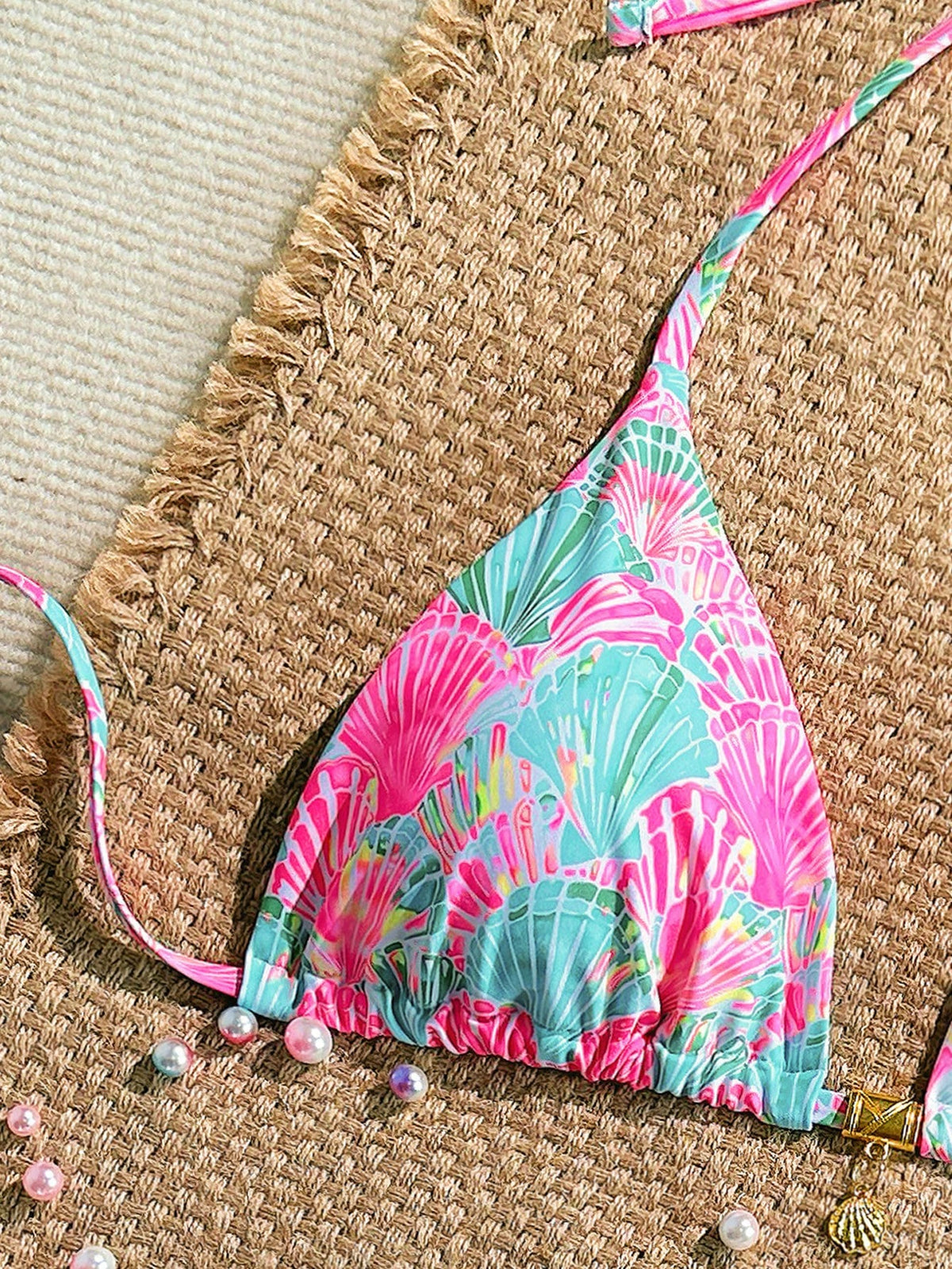 Swim Mod Gold Shell Halter Bikini Top,White With Black Polka Dots,Summer,Tropical,Holiday,Pool Party,Vacation,Holiday Beach Sunbathing Travel Swimwear
