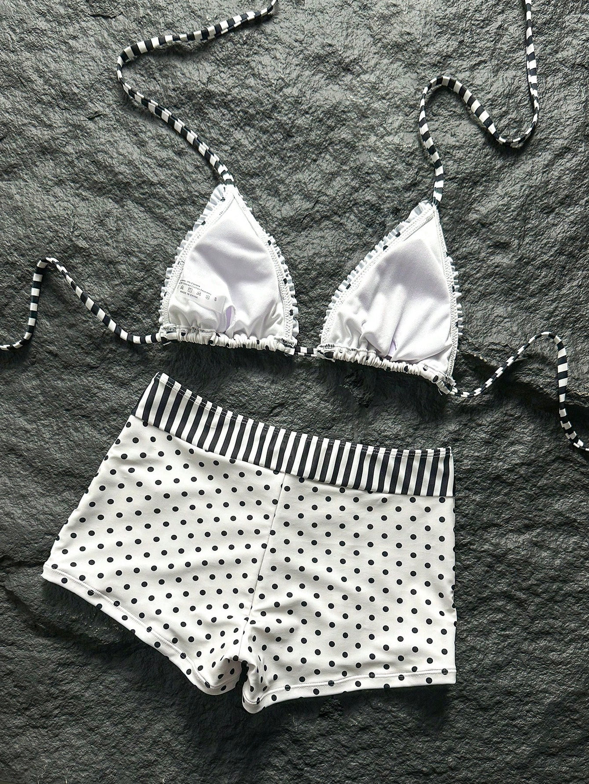 Swim Mod New Women's Beach Pool Party Vacation Fashion Sexy Casual Black & White Polka Dot Striped Patchwork Halter Bikini Set, Ruffled Triangle Top & Hipster Shorts Swimsuit