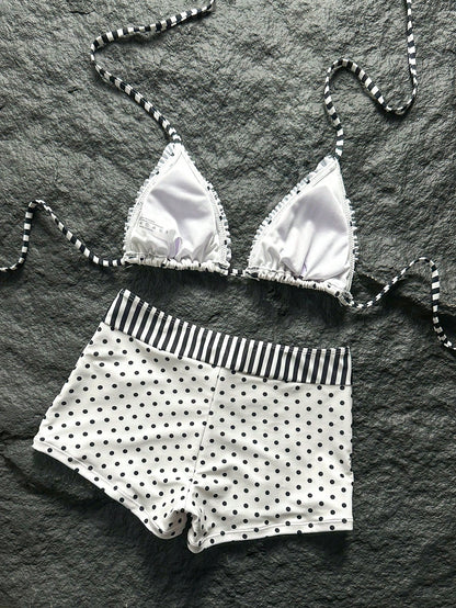 Swim Mod New Women's Beach Pool Party Vacation Fashion Sexy Casual Black & White Polka Dot Striped Patchwork Halter Bikini Set, Ruffled Triangle Top & Hipster Shorts Swimsuit