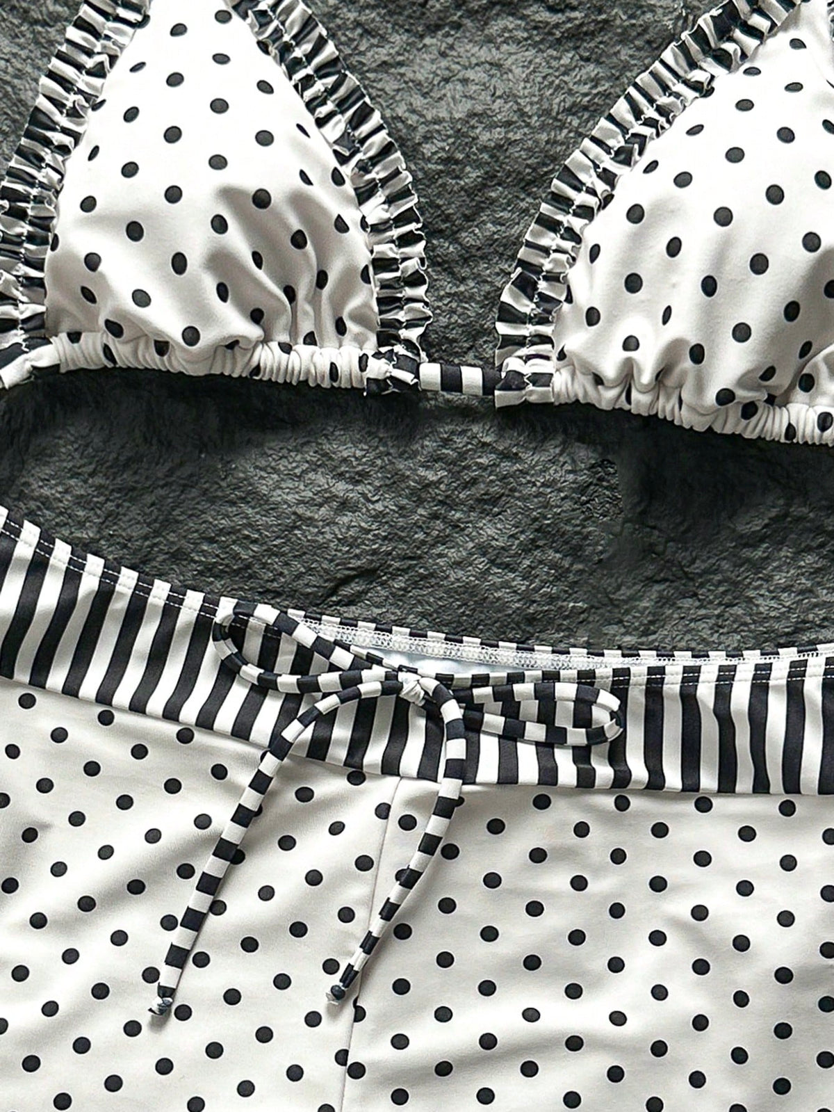 Swim Mod New Women's Beach Pool Party Vacation Fashion Sexy Casual Black & White Polka Dot Striped Patchwork Halter Bikini Set, Ruffled Triangle Top & Hipster Shorts Swimsuit