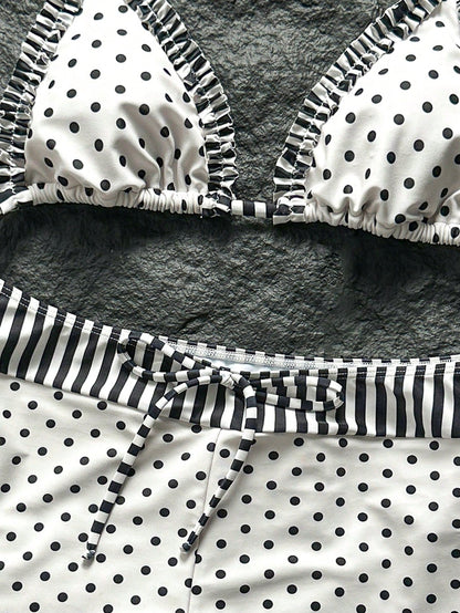 Swim Mod New Women's Beach Pool Party Vacation Fashion Sexy Casual Black & White Polka Dot Striped Patchwork Halter Bikini Set, Ruffled Triangle Top & Hipster Shorts Swimsuit