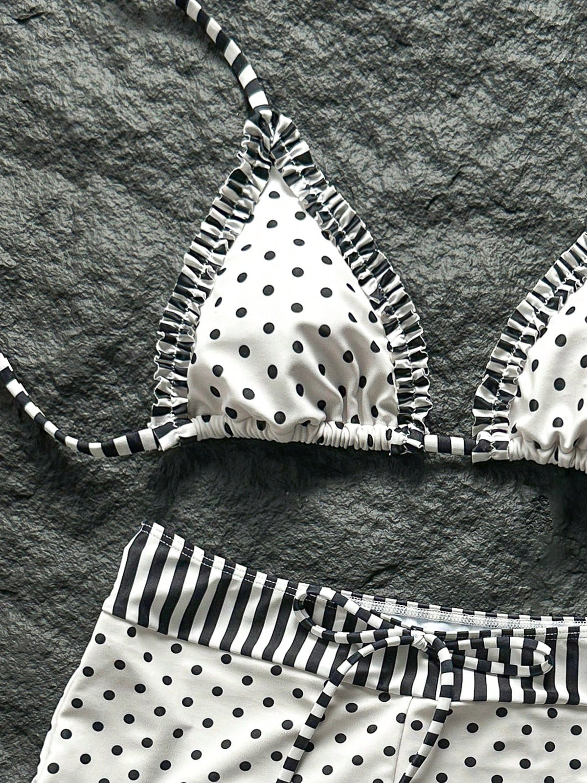 Swim Mod New Women's Beach Pool Party Vacation Fashion Sexy Casual Black & White Polka Dot Striped Patchwork Halter Bikini Set, Ruffled Triangle Top & Hipster Shorts Swimsuit