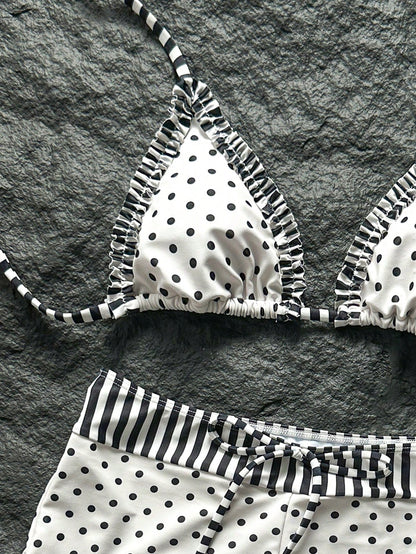 Swim Mod New Women's Beach Pool Party Vacation Fashion Sexy Casual Black & White Polka Dot Striped Patchwork Halter Bikini Set, Ruffled Triangle Top & Hipster Shorts Swimsuit